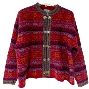 Vintage Carroll Reed Red Blue Nordic 100% Wool Cardigan Sweater Sz L